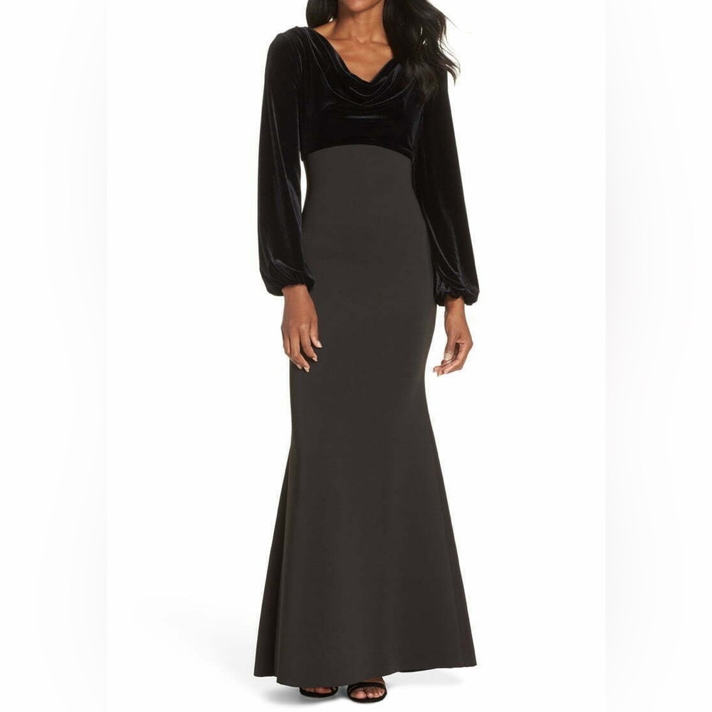 Eliza J Black Velvet Cowl Neck Scuba Mermaid Gown
